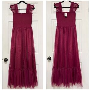 NWT Melloday Burgundy Tule Square neck ruffle sleeve smocked maxi Dress size S